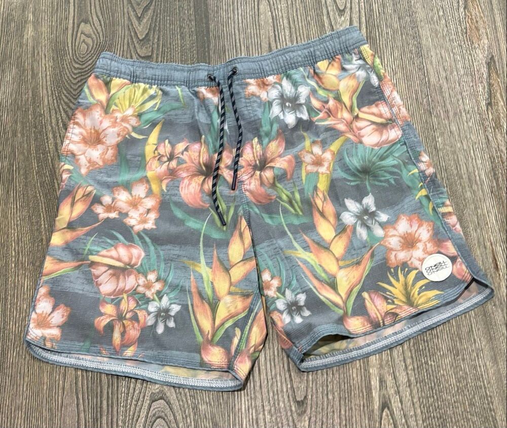 O'Neill Men's Floral Drawstring Cruzers Swim Board Shorts Gray Orange Large